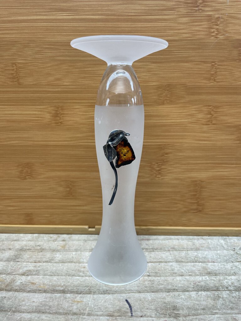 VINTAGE FROSTED VASE W/ AMBER AND STERLING SILVER DECAL 8"