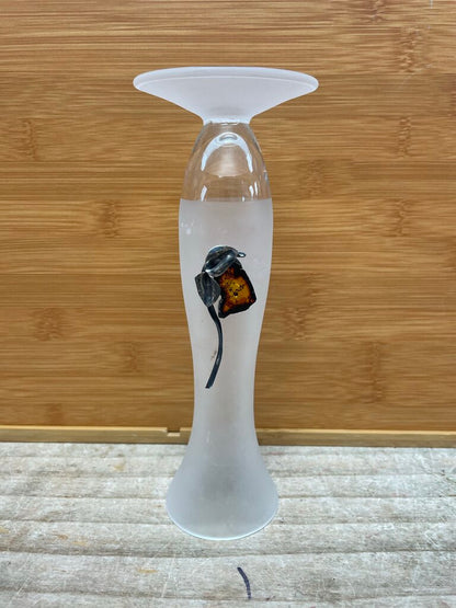 VINTAGE FROSTED VASE W/ AMBER AND STERLING SILVER DECAL 8"