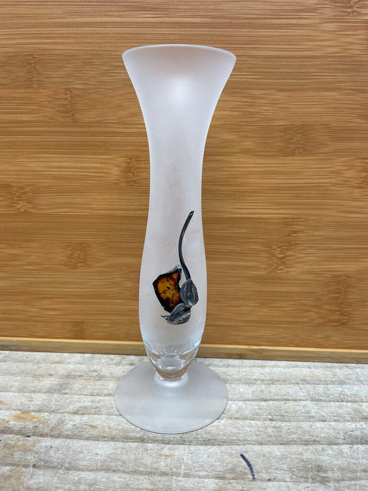 VINTAGE FROSTED VASE W/ AMBER AND STERLING SILVER DECAL 8"