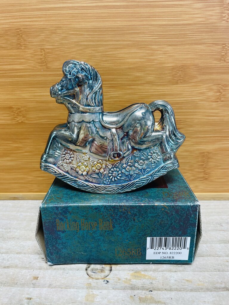 VINTAGE SILVER PLATED ROCKING HORSE BANK IN BOX