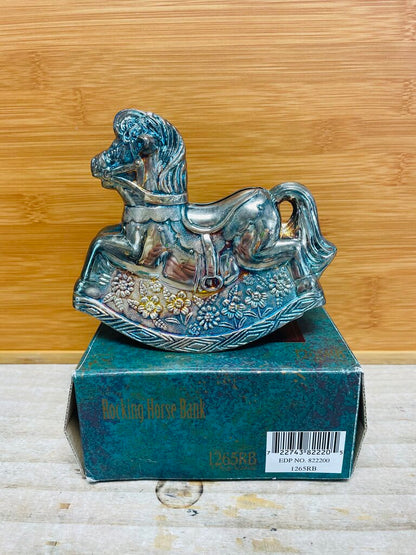 VINTAGE SILVER PLATED ROCKING HORSE BANK IN BOX
