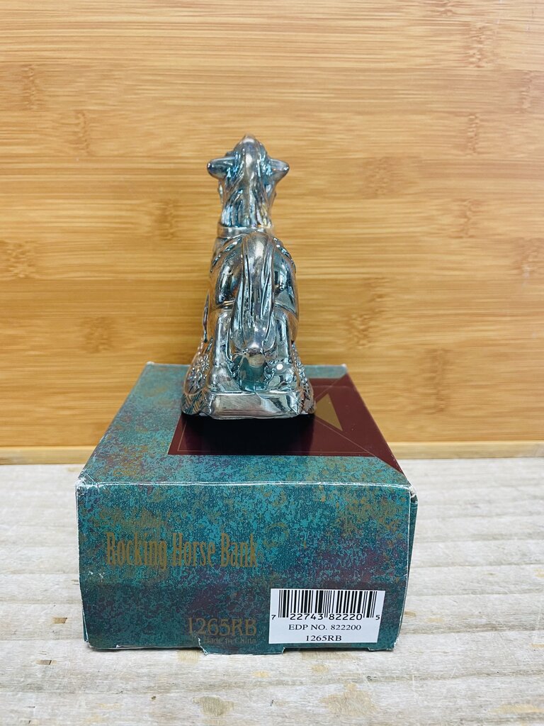 VINTAGE SILVER PLATED ROCKING HORSE BANK IN BOX