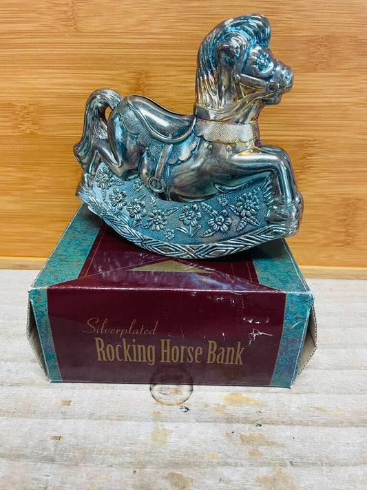 VINTAGE SILVER PLATED ROCKING HORSE BANK IN BOX