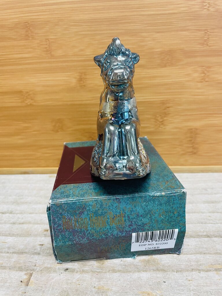 VINTAGE SILVER PLATED ROCKING HORSE BANK IN BOX