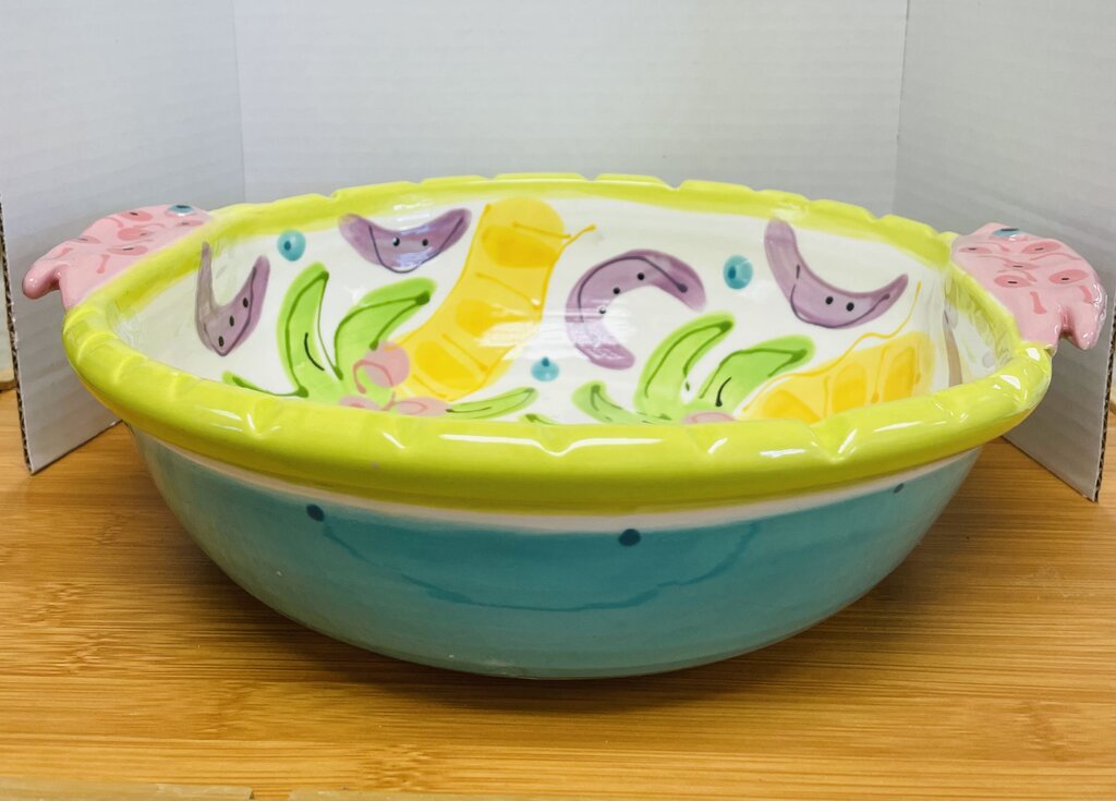 SUSAN PAINTER POTTERY BOWL W/ PALM TREES AND FISH HANDLES