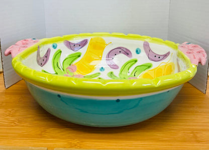 SUSAN PAINTER POTTERY BOWL W/ PALM TREES AND FISH HANDLES