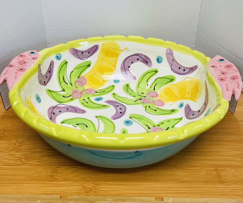 SUSAN PAINTER POTTERY BOWL W/ PALM TREES AND FISH HANDLES