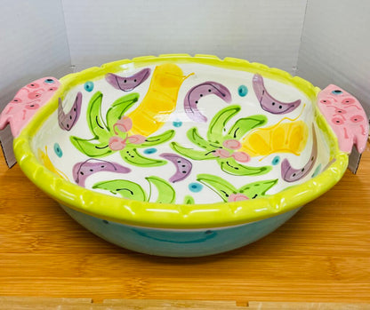 SUSAN PAINTER POTTERY BOWL W/ PALM TREES AND FISH HANDLES