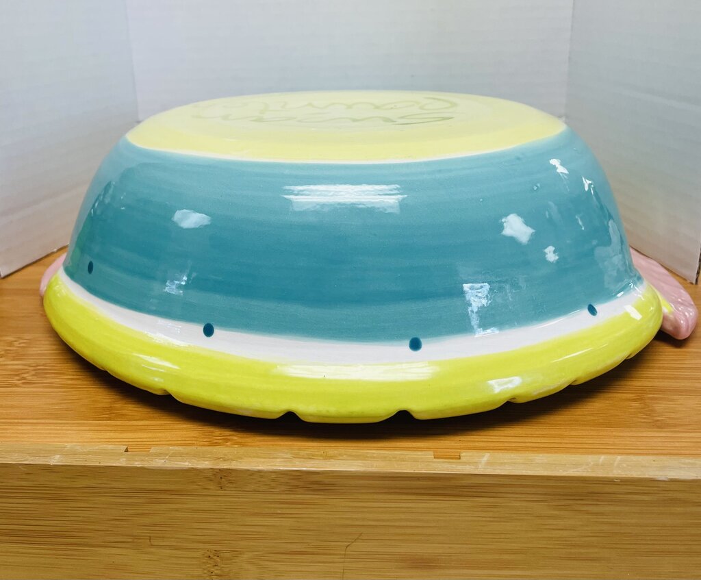 SUSAN PAINTER POTTERY BOWL W/ PALM TREES AND FISH HANDLES