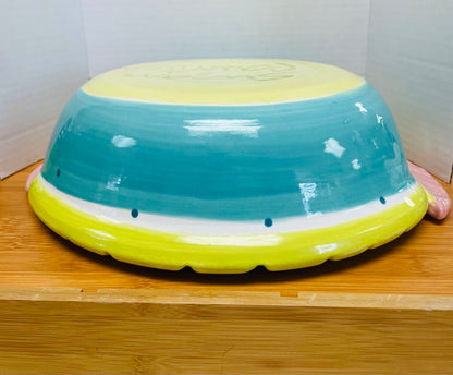 SUSAN PAINTER POTTERY BOWL W/ PALM TREES AND FISH HANDLES