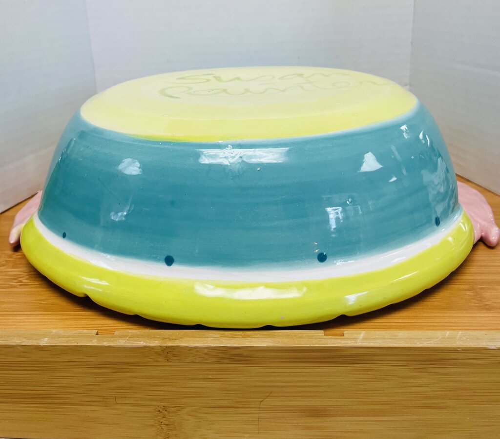 SUSAN PAINTER POTTERY BOWL W/ PALM TREES AND FISH HANDLES
