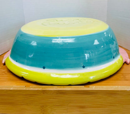 SUSAN PAINTER POTTERY BOWL W/ PALM TREES AND FISH HANDLES