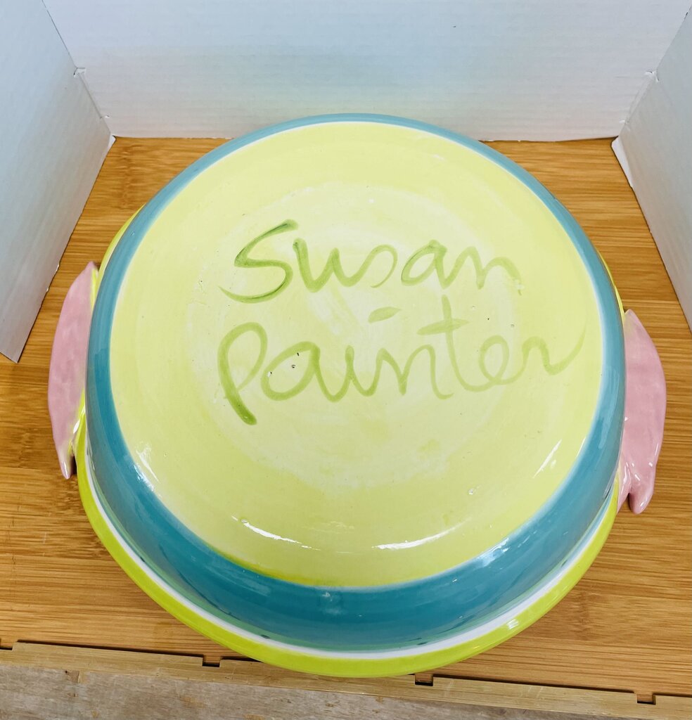 SUSAN PAINTER POTTERY BOWL W/ PALM TREES AND FISH HANDLES