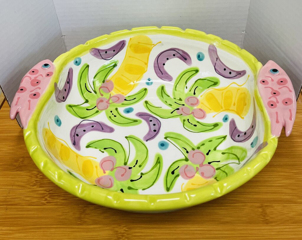 SUSAN PAINTER POTTERY BOWL W/ PALM TREES AND FISH HANDLES