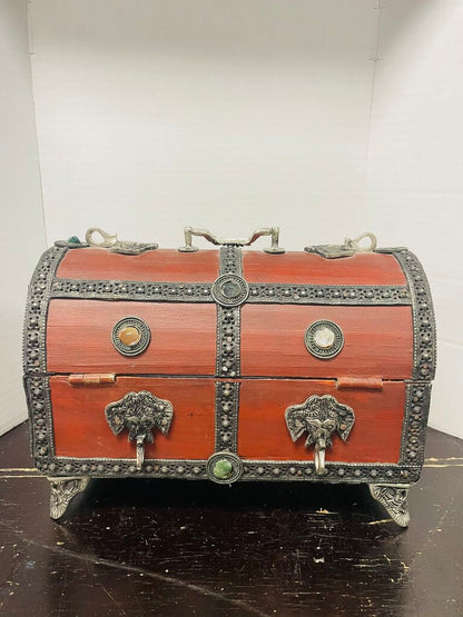 HANDMADE ELEPHANT TREASURE CHEST JEWELRY BOX W/ JEM L9" W5"T7"