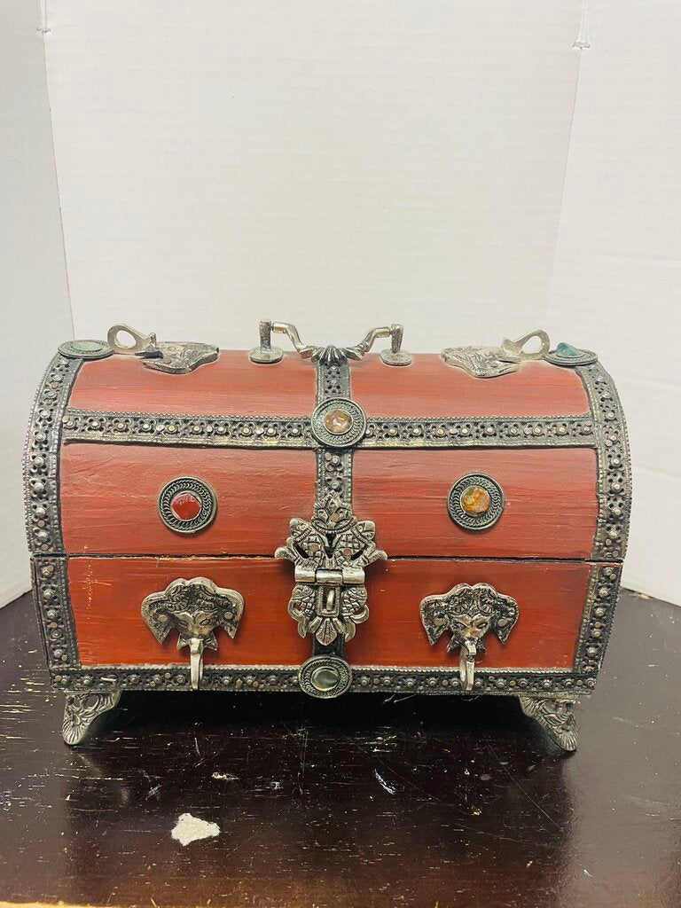 HANDMADE ELEPHANT TREASURE CHEST JEWELRY BOX W/ JEM L9" W5"T7"