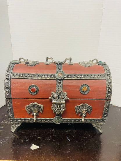HANDMADE ELEPHANT TREASURE CHEST JEWELRY BOX W/ JEM L9" W5"T7"