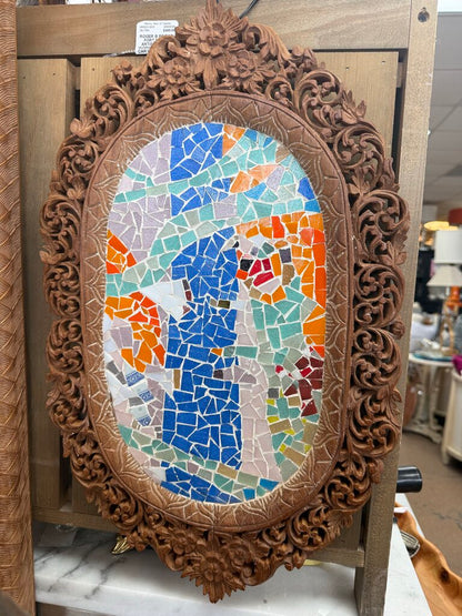 ROGER B BROWN FORT MYERS ARTIST MOSAIC WORK WITH HAND CARVED WOODEN FRAME