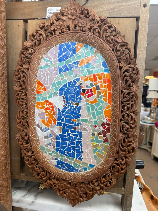 ROGER B BROWN FORT MYERS ARTIST MOSAIC WORK WITH HAND CARVED WOODEN FRAME