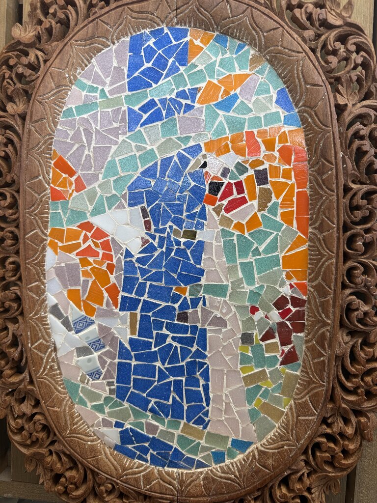 ROGER B BROWN FORT MYERS ARTIST MOSAIC WORK WITH HAND CARVED WOODEN FRAME