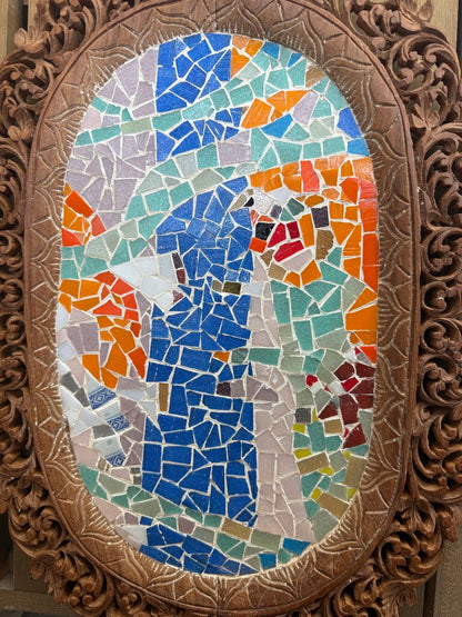 ROGER B BROWN FORT MYERS ARTIST MOSAIC WORK WITH HAND CARVED WOODEN FRAME