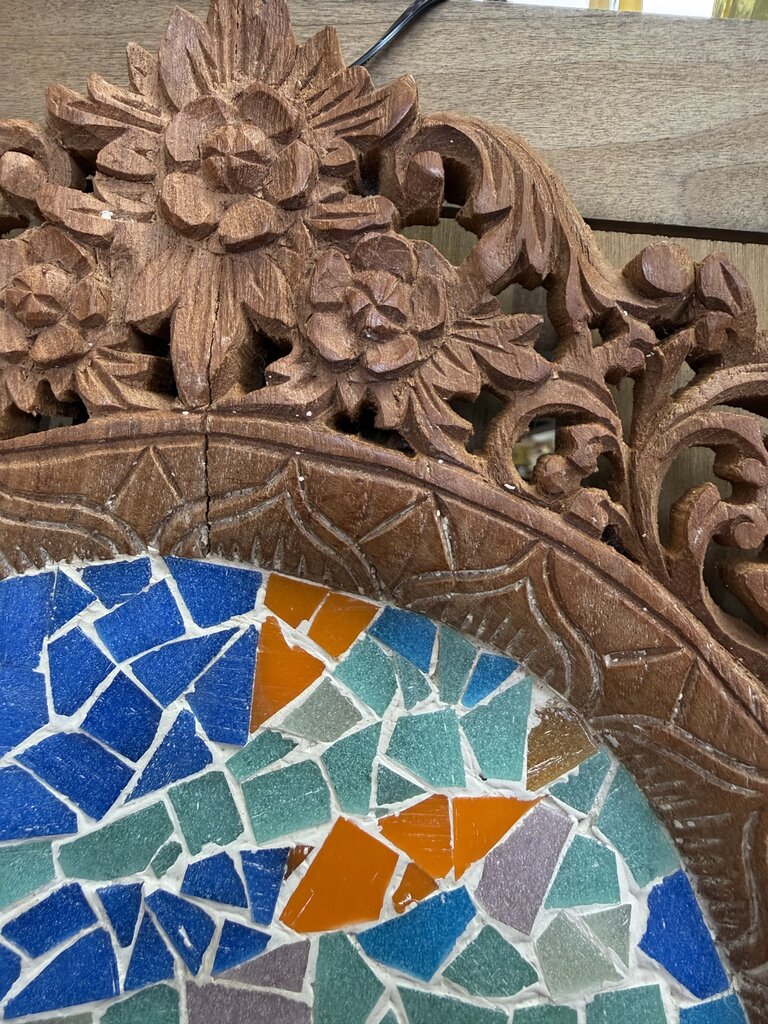 ROGER B BROWN FORT MYERS ARTIST MOSAIC WORK WITH HAND CARVED WOODEN FRAME