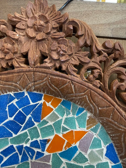 ROGER B BROWN FORT MYERS ARTIST MOSAIC WORK WITH HAND CARVED WOODEN FRAME
