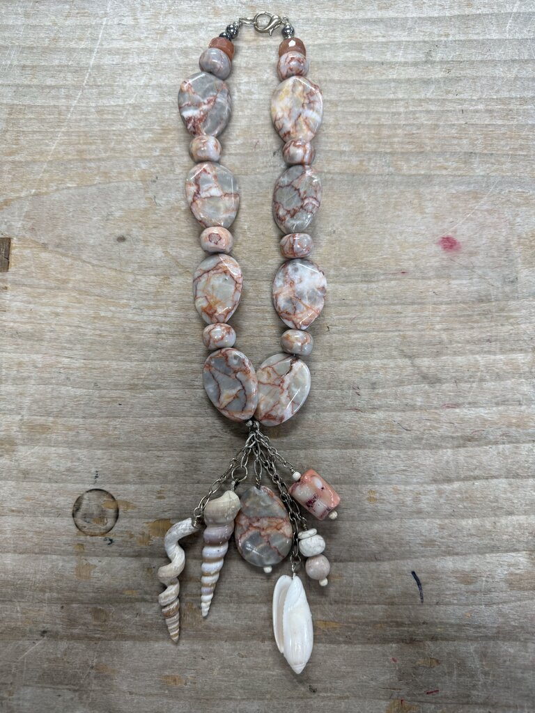 PINK ZEBRA JASPER AND SEASHELL NECKLACE
