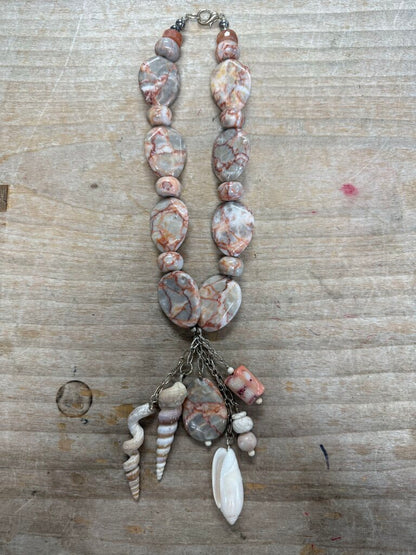 PINK ZEBRA JASPER AND SEASHELL NECKLACE