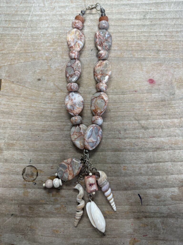 PINK ZEBRA JASPER AND SEASHELL NECKLACE