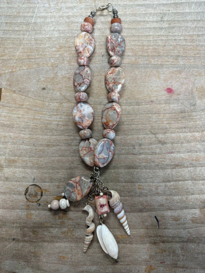 PINK ZEBRA JASPER AND SEASHELL NECKLACE