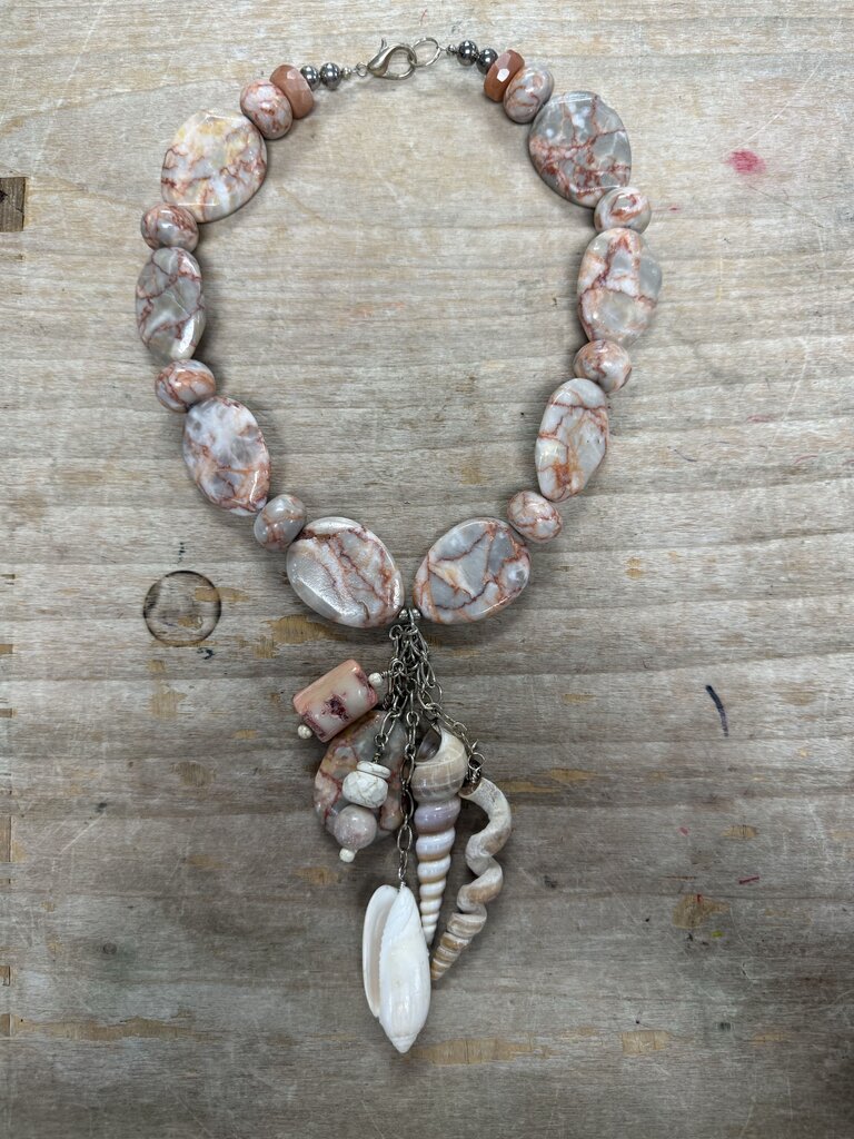 PINK ZEBRA JASPER AND SEASHELL NECKLACE