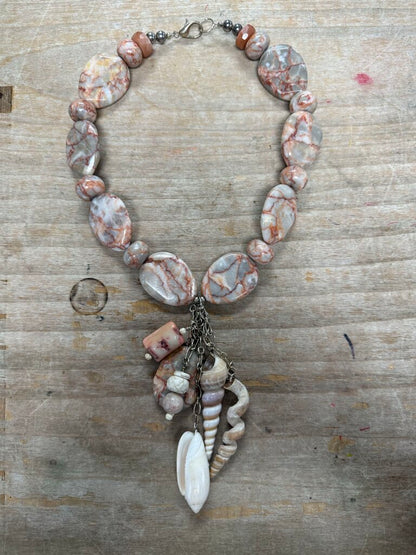 PINK ZEBRA JASPER AND SEASHELL NECKLACE