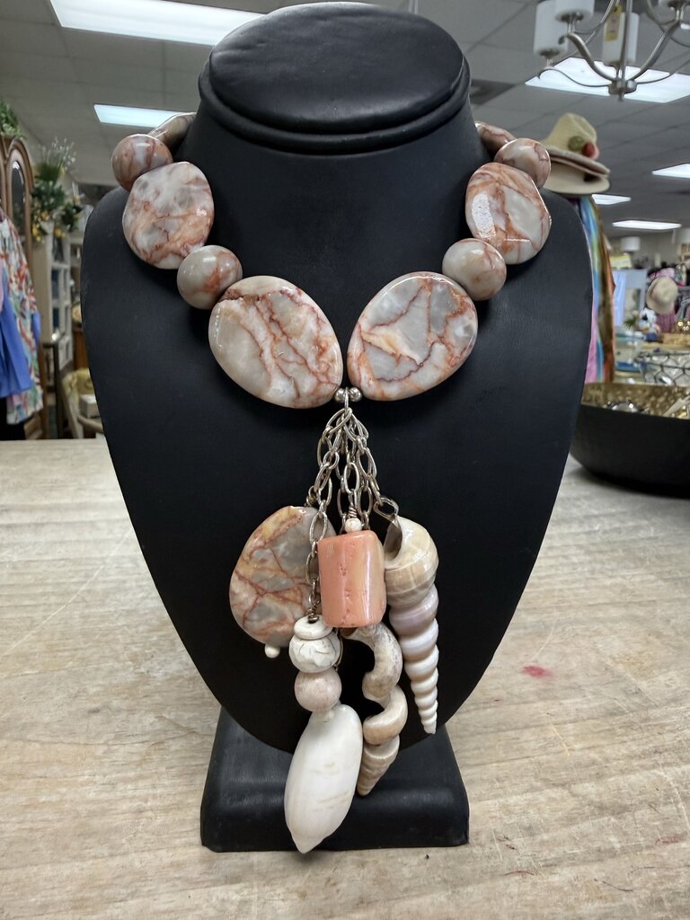 PINK ZEBRA JASPER AND SEASHELL NECKLACE