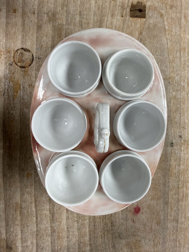 VINTAGE FRENCH EGG CUP HOLDER TRAY W/ SET OF 6 CUPS