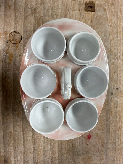 VINTAGE FRENCH EGG CUP HOLDER TRAY W/ SET OF 6 CUPS
