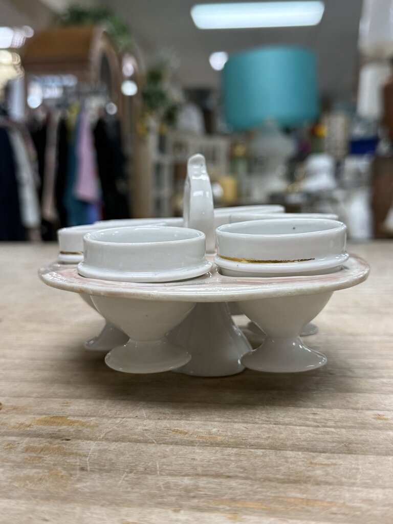 VINTAGE FRENCH EGG CUP HOLDER TRAY W/ SET OF 6 CUPS