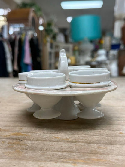 VINTAGE FRENCH EGG CUP HOLDER TRAY W/ SET OF 6 CUPS