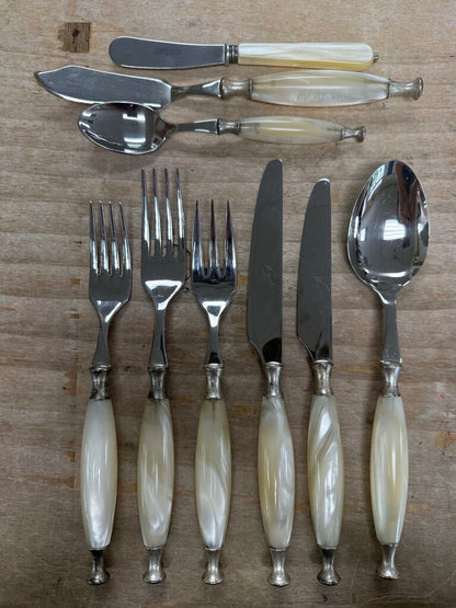 CASA BUGATTI Country 48-Piece Cutlery Set in Mother-of-the-Pearl with 3 serving utensils and 6 made in France spreading knives