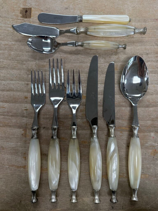 CASA BUGATTI Country 48-Piece Cutlery Set in Mother-of-the-Pearl with 3 serving utensils and 6 made in France spreading knives