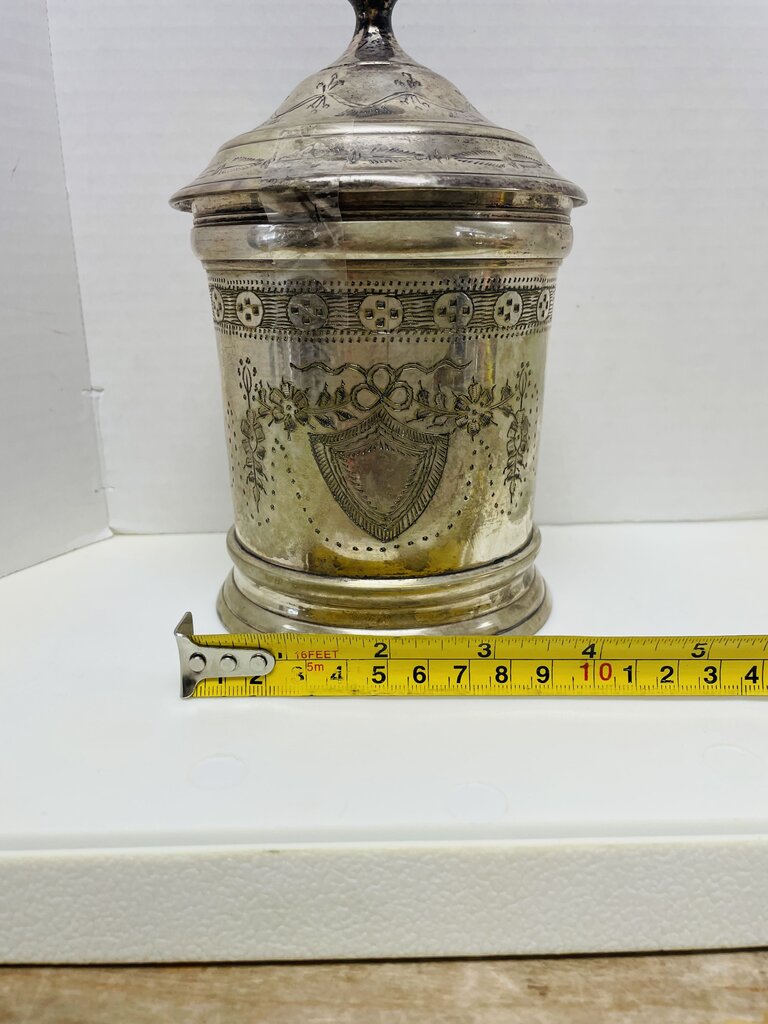 ANTIQUE SILVER PLATE INCISED JAR