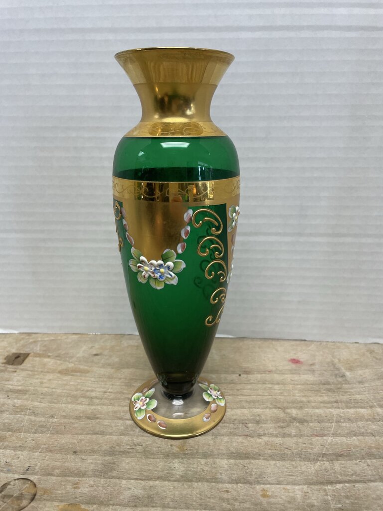MCM GREEN HANDPAINTED FLORAL VASE 9.5