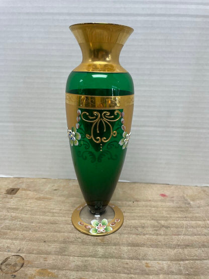 MCM GREEN HANDPAINTED FLORAL VASE 9.5