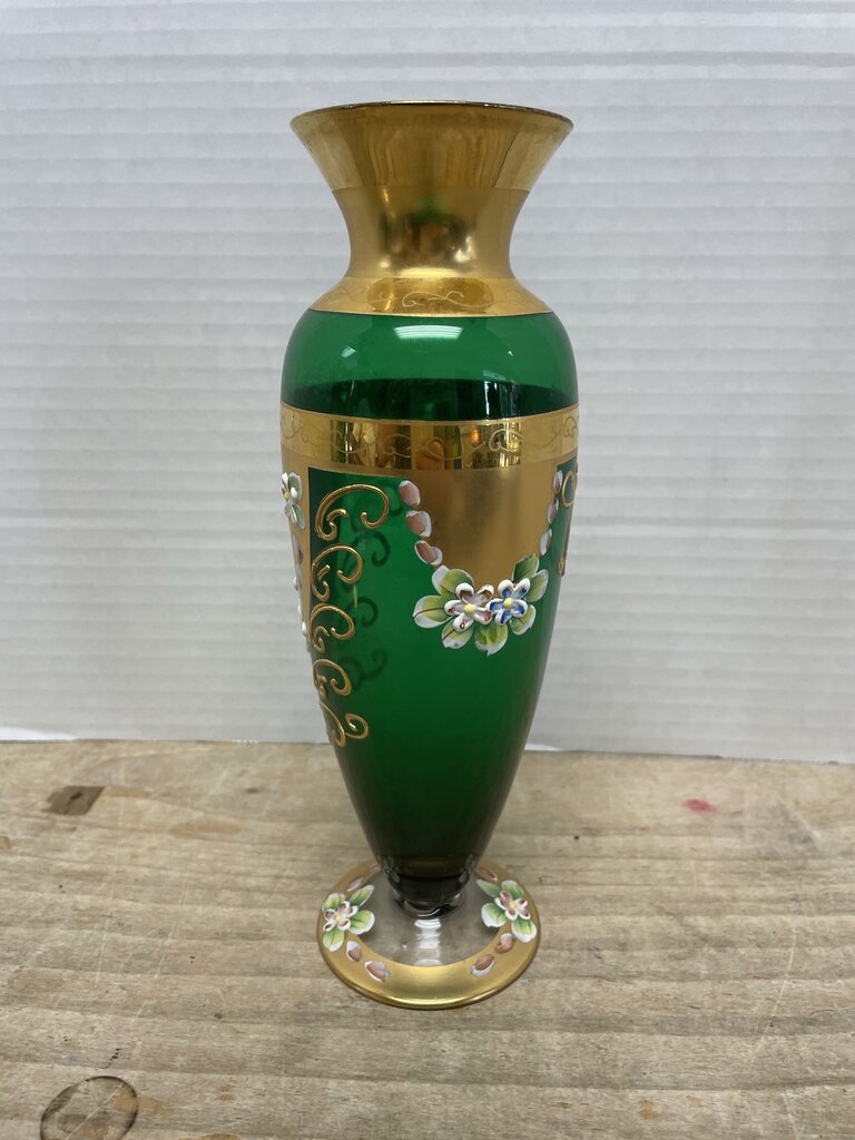 MCM GREEN HANDPAINTED FLORAL VASE 9.5