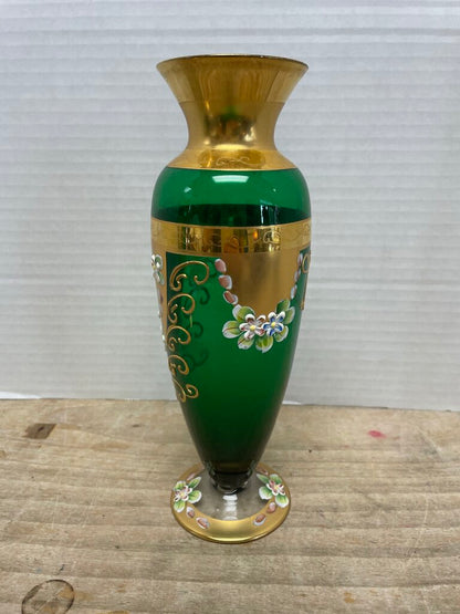 MCM GREEN HANDPAINTED FLORAL VASE 9.5