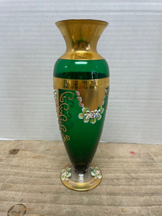 MCM GREEN HANDPAINTED FLORAL VASE 9.5