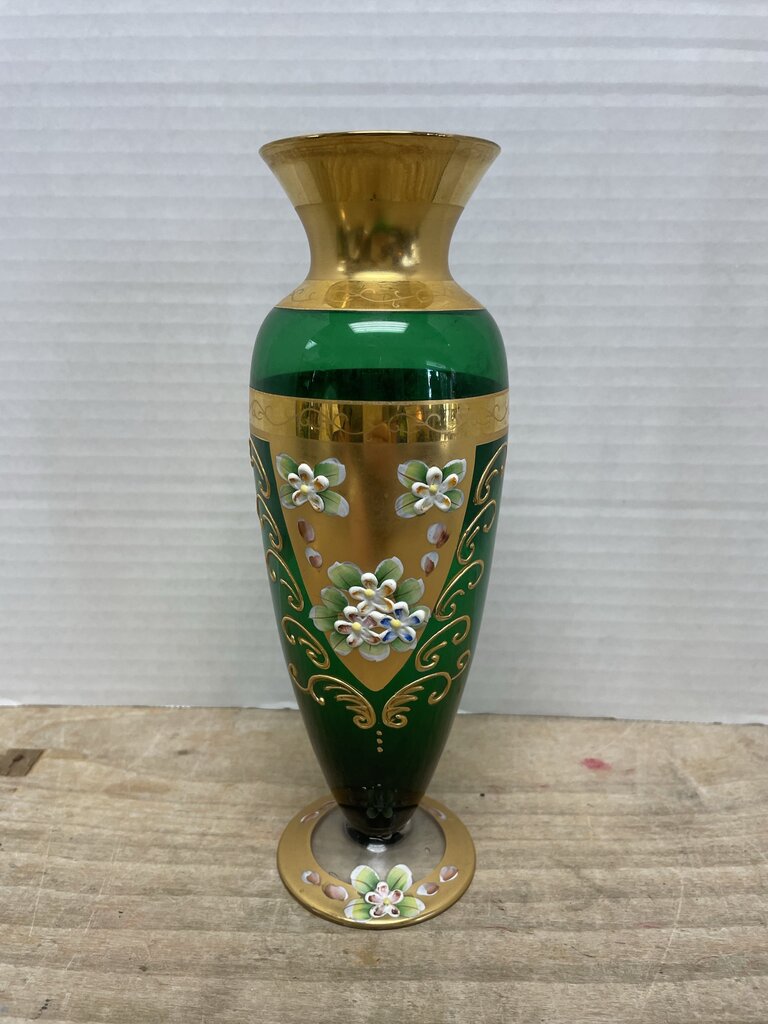 MCM GREEN HANDPAINTED FLORAL VASE 9.5