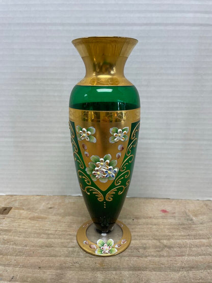 MCM GREEN HANDPAINTED FLORAL VASE 9.5