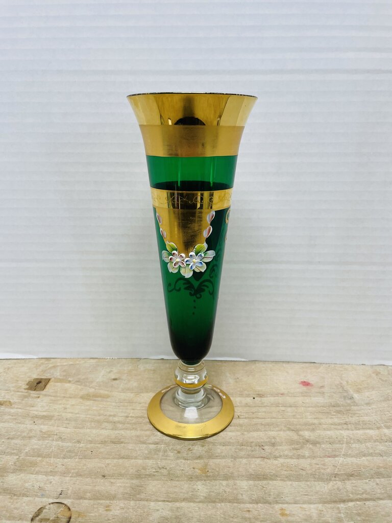 MCM GREEN HANDPAINTED FLORAL GOBLET 10" 3.5"