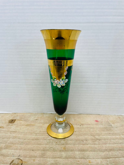 MCM GREEN HANDPAINTED FLORAL GOBLET 10" 3.5"